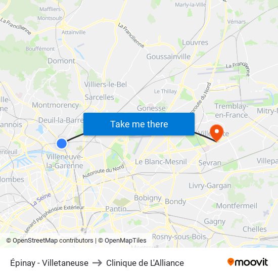 Épinay - Villetaneuse to Clinique de L'Alliance map