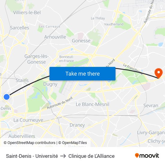 Saint-Denis - Université to Clinique de L'Alliance map