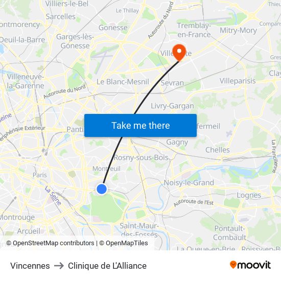Vincennes to Clinique de L'Alliance map