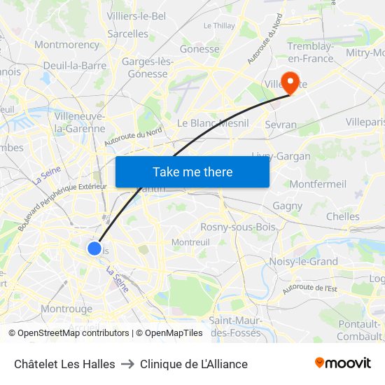 Châtelet Les Halles to Clinique de L'Alliance map