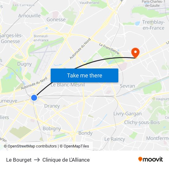 Le Bourget to Clinique de L'Alliance map