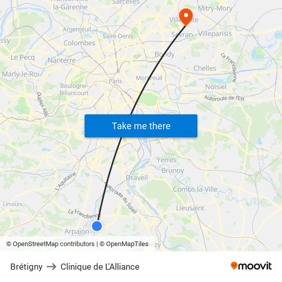 Brétigny to Clinique de L'Alliance map