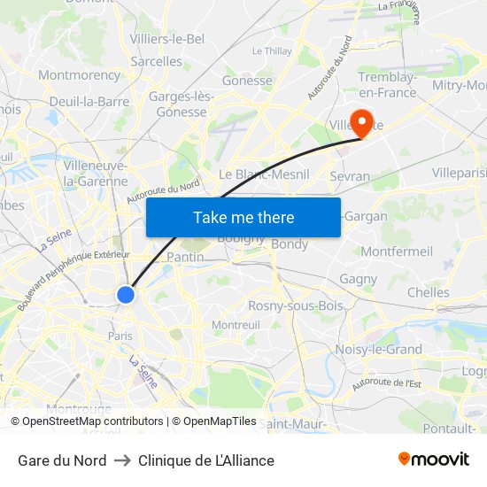 Gare du Nord to Clinique de L'Alliance map