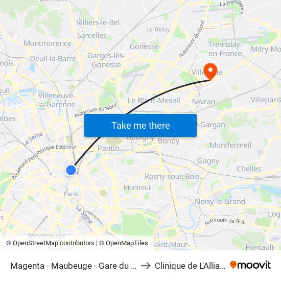 Magenta - Maubeuge - Gare du Nord to Clinique de L'Alliance map
