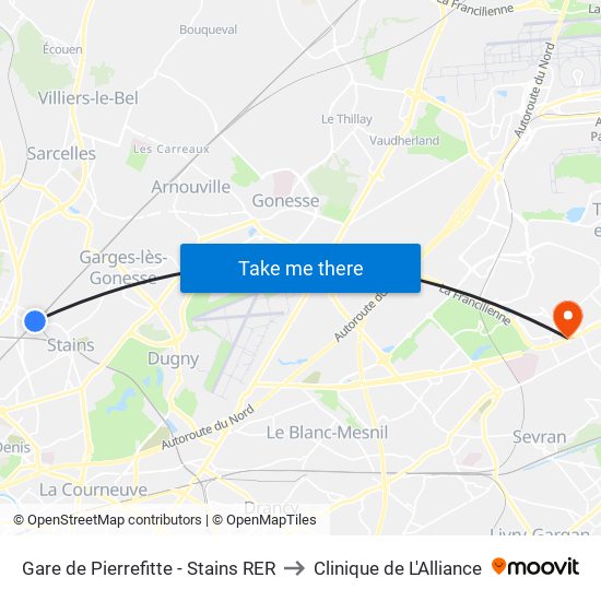 Gare de Pierrefitte - Stains RER to Clinique de L'Alliance map