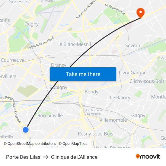 Porte Des Lilas to Clinique de L'Alliance map