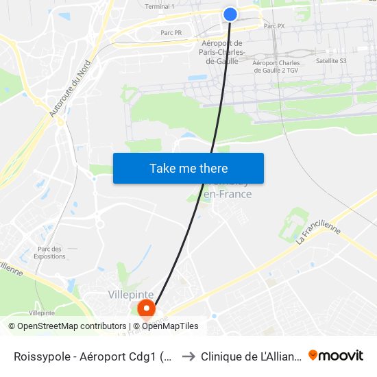 Roissypole - Aéroport Cdg1 (G1) to Clinique de L'Alliance map