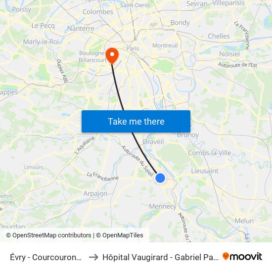 Évry - Courcouronnes to Hôpital Vaugirard - Gabriel Pallez map