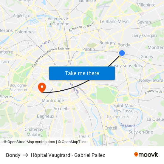 Bondy to Hôpital Vaugirard - Gabriel Pallez map