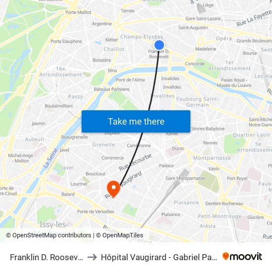 Franklin D. Roosevelt to Hôpital Vaugirard - Gabriel Pallez map