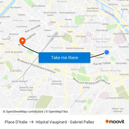 Place D'Italie to Hôpital Vaugirard - Gabriel Pallez map