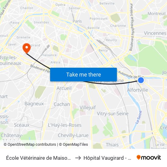 École Vétérinaire de Maisons-Alfort - Métro to Hôpital Vaugirard - Gabriel Pallez map