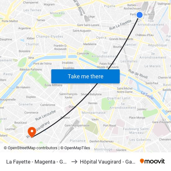 La Fayette - Magenta - Gare du Nord to Hôpital Vaugirard - Gabriel Pallez map