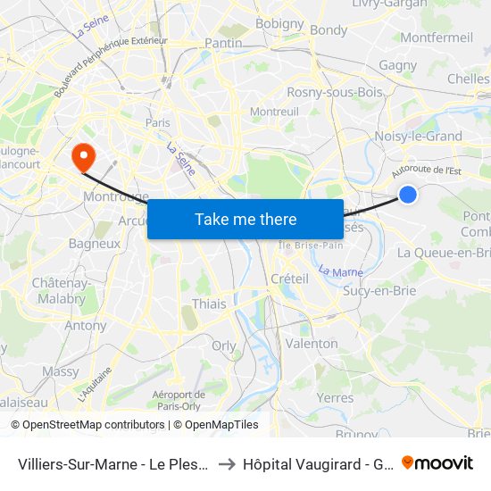 Villiers-Sur-Marne - Le Plessis-Trévise RER to Hôpital Vaugirard - Gabriel Pallez map