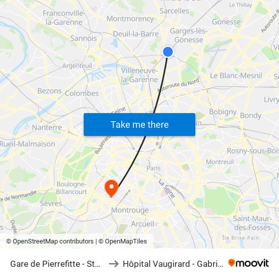 Gare de Pierrefitte - Stains RER to Hôpital Vaugirard - Gabriel Pallez map