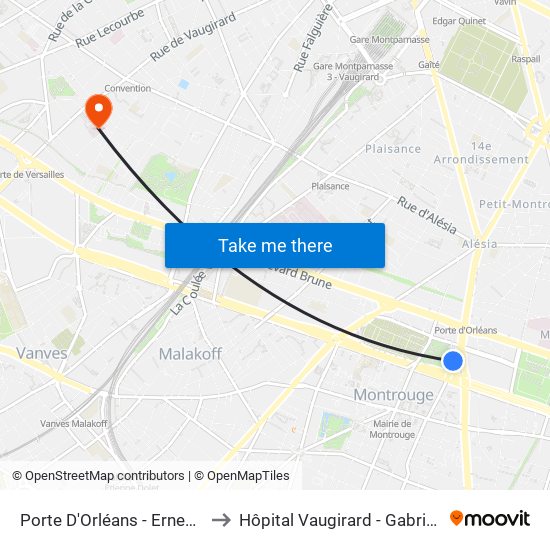 Porte D'Orléans - Ernest Reyer to Hôpital Vaugirard - Gabriel Pallez map