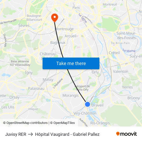 Juvisy RER to Hôpital Vaugirard - Gabriel Pallez map