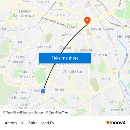 Antony to Hôpital Henri Ey map