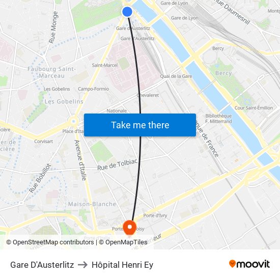 Gare D'Austerlitz to Hôpital Henri Ey map