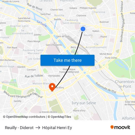 Reuilly - Diderot to Hôpital Henri Ey map