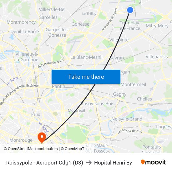 Roissypole - Aéroport Cdg1 (D3) to Hôpital Henri Ey map