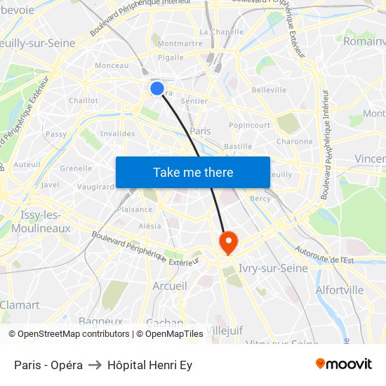 Paris - Opéra to Hôpital Henri Ey map