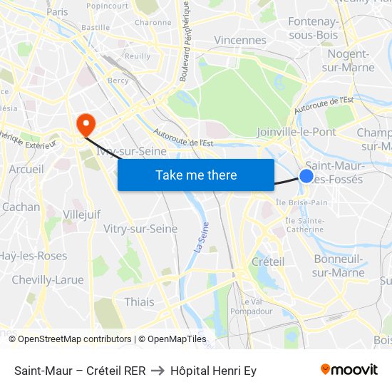 Saint-Maur – Créteil RER to Hôpital Henri Ey map