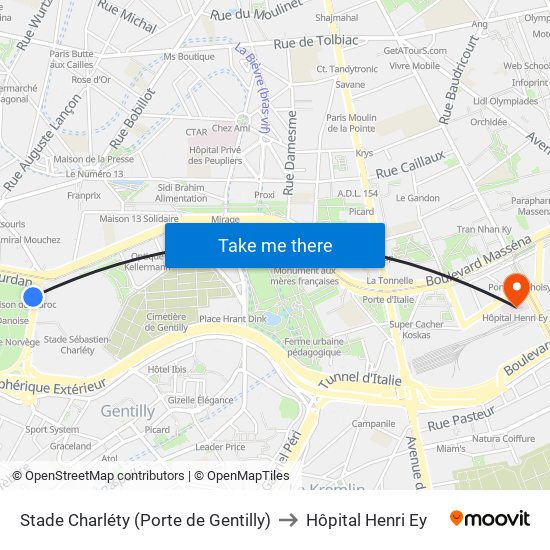 Stade Charléty (Porte de Gentilly) to Hôpital Henri Ey map
