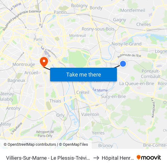 Villiers-Sur-Marne - Le Plessis-Trévise RER to Hôpital Henri Ey map