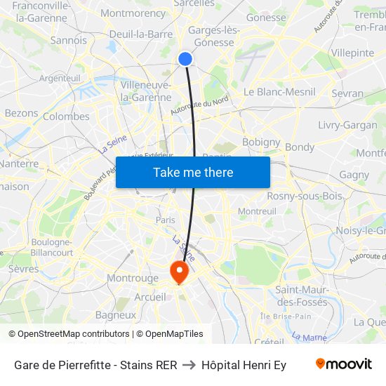Gare de Pierrefitte - Stains RER to Hôpital Henri Ey map