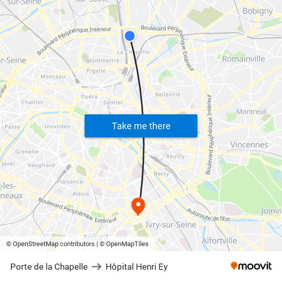 Porte de la Chapelle to Hôpital Henri Ey map