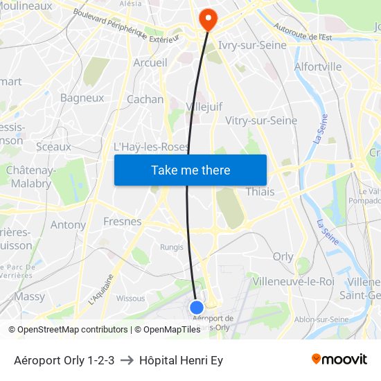 Aéroport Orly 1-2-3 to Hôpital Henri Ey map