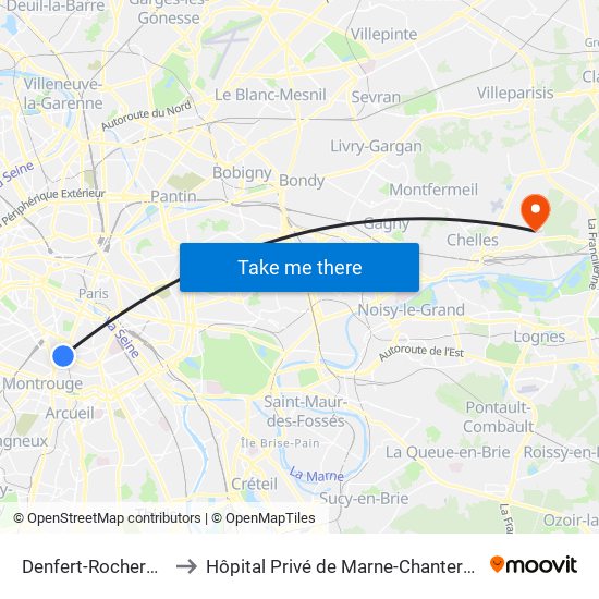 Denfert-Rochereau to Hôpital Privé de Marne-Chantereine map