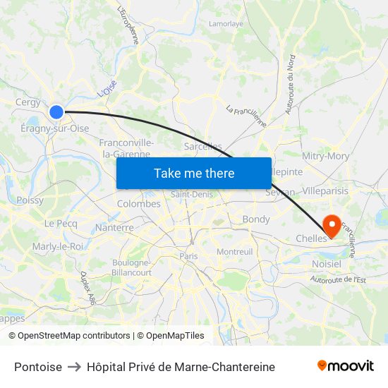 Pontoise to Hôpital Privé de Marne-Chantereine map