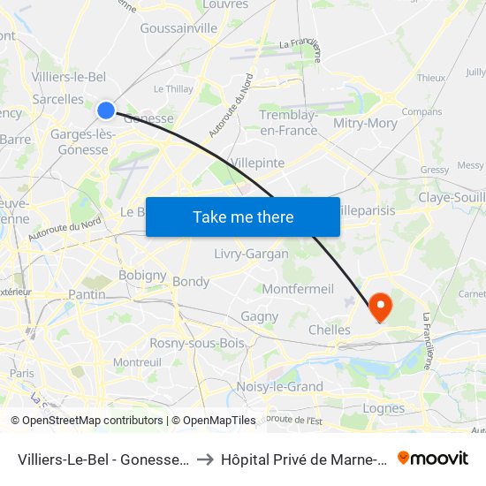 Villiers-Le-Bel - Gonesse - Arnouville to Hôpital Privé de Marne-Chantereine map