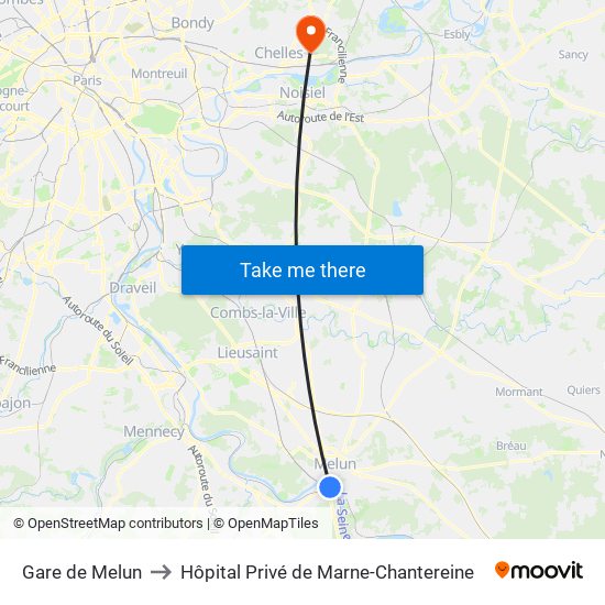 Gare de Melun to Hôpital Privé de Marne-Chantereine map