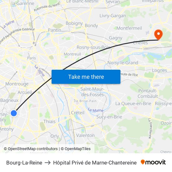 Bourg-La-Reine to Hôpital Privé de Marne-Chantereine map