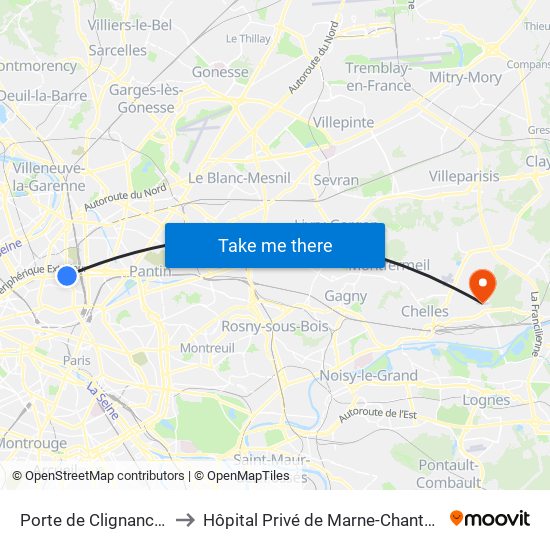 Porte de Clignancourt to Hôpital Privé de Marne-Chantereine map
