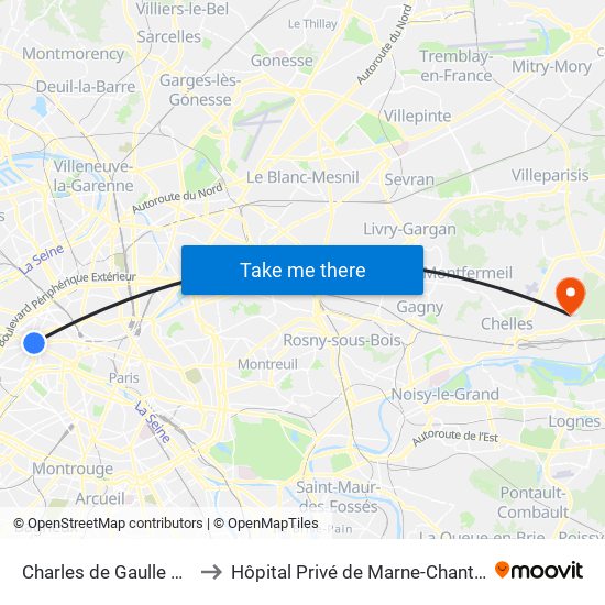 Charles de Gaulle Etoile to Hôpital Privé de Marne-Chantereine map