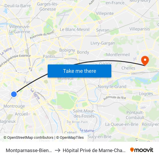 Montparnasse-Bienvenue to Hôpital Privé de Marne-Chantereine map