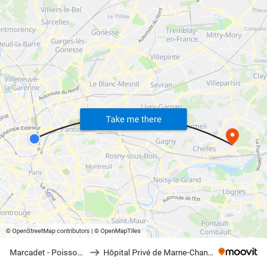 Marcadet - Poissonniers to Hôpital Privé de Marne-Chantereine map