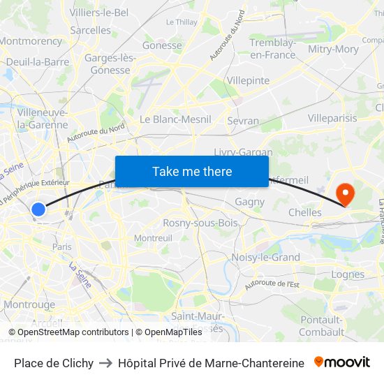 Place de Clichy to Hôpital Privé de Marne-Chantereine map