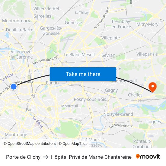 Porte de Clichy to Hôpital Privé de Marne-Chantereine map