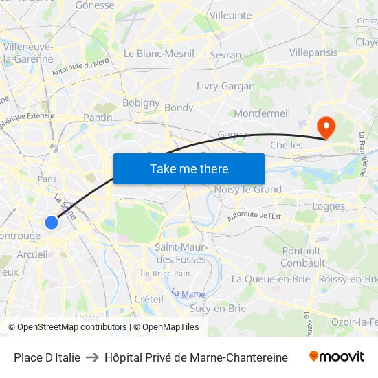 Place D'Italie to Hôpital Privé de Marne-Chantereine map