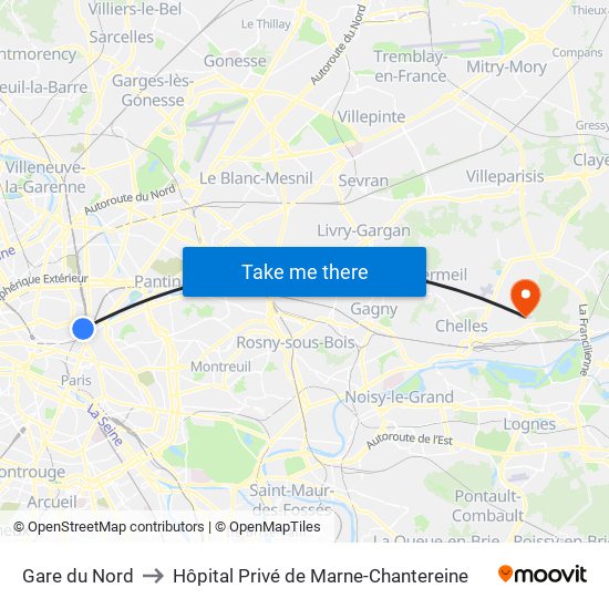Gare du Nord to Hôpital Privé de Marne-Chantereine map