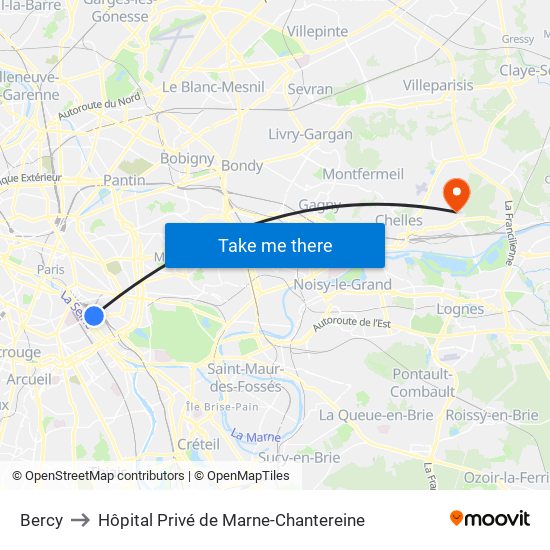 Bercy to Hôpital Privé de Marne-Chantereine map