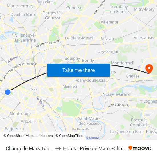 Champ de Mars Tour Eiffel to Hôpital Privé de Marne-Chantereine map