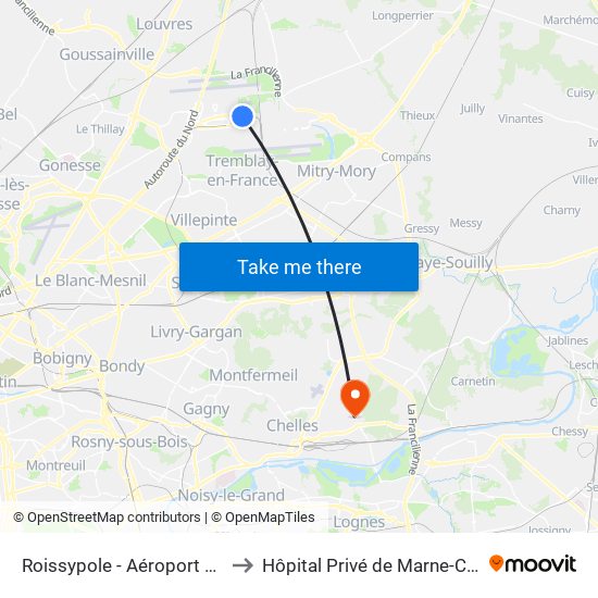 Roissypole - Aéroport Cdg1 (D3) to Hôpital Privé de Marne-Chantereine map