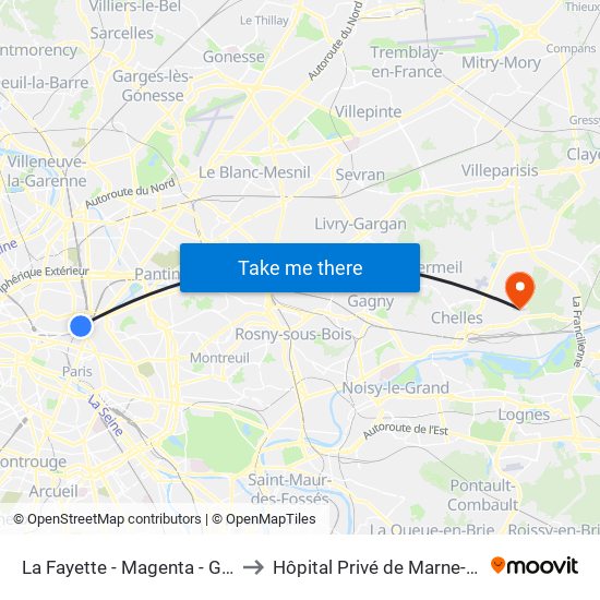 La Fayette - Magenta - Gare du Nord to Hôpital Privé de Marne-Chantereine map