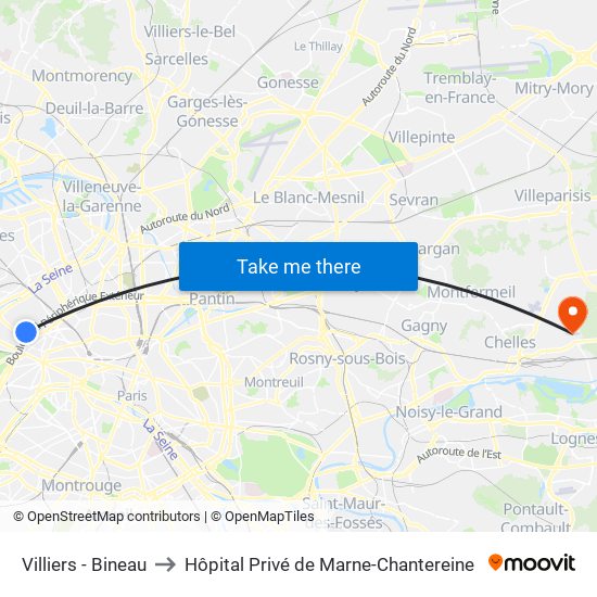 Villiers - Bineau to Hôpital Privé de Marne-Chantereine map